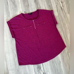 LILY MORGAN Women's Size 2X Blouse Cap Sleeve Quarter Zip Magenta Knit Crew Neck